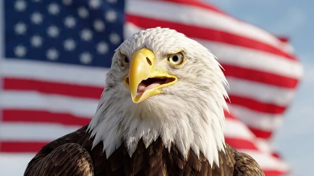 A closeup portrait of a majestic bald eagle looking directly at the camera with the american flag blurred in the background
