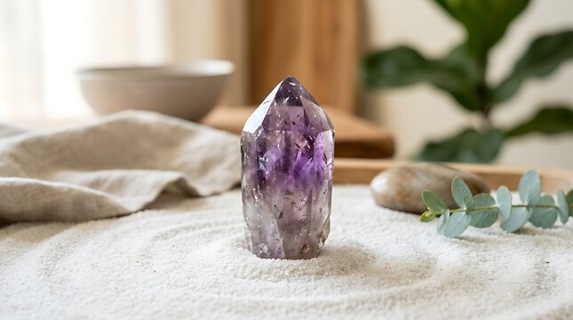Amethyst crystal point standing in a raked zen sand garden