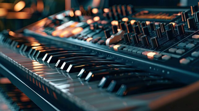 Electronic music keyboard and synthesizer controls in a dark studio with blue lighting, closeup audio production equipment for recording and creative sound design.

