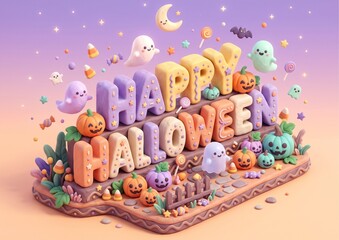 Fototapeta premium Happy halloween 3D diorama with pastel colored text ghosts and carved pumpkins halloween sculpture