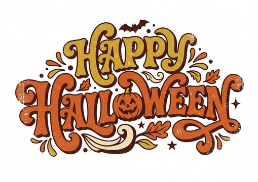 Happy halloween retro typography inscription with carved jack o lantern pumpkin halloween greeting