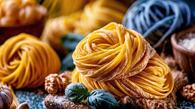 Artfully arranged golden pasta nests with spaghetti, herbs and walnuts on a dark rustic background for Italian cuisine packaging and culinary branding.

