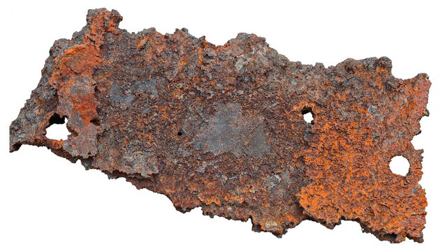 A heavily corroded and pitted piece of old iron sheet with rust texture on an isolated white background