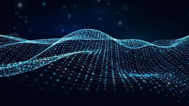 Abstract Blue Digital Particle Wave and Network Grid on Dark Background