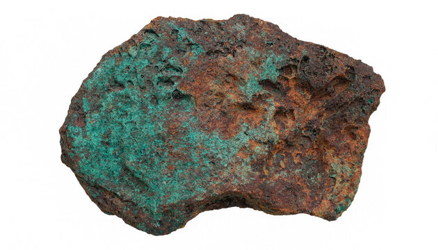 Raw copper ore mineral specimen showing distinct green malachite oxidation and rusty brown iron matrix isolated on white background