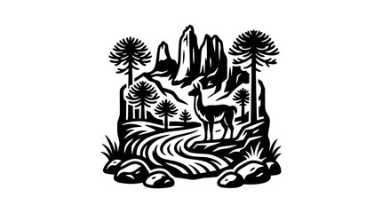 Naklejka premium Llama in mountain landscape with araucaria trees linocut.