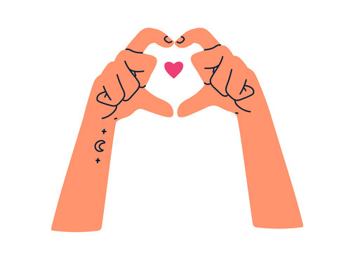 Love symbol with hand gesture. Making, shaping, forming heart with fingers. Showing romantic emotion, feeling, like sign. Affection expression. Flat vector illustration isolated on white background
