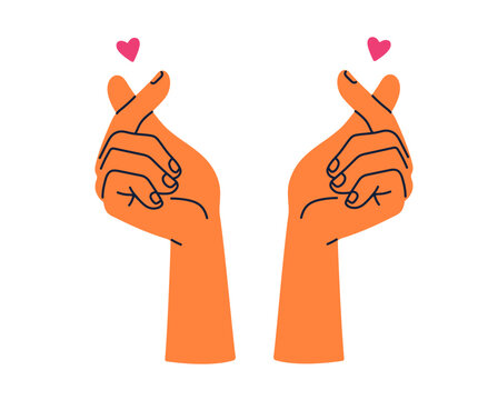 Asian Korean mini heart sign, hand gesture with fingers. Making, forming, shaping love symbol, like and affection. Sharing romantic feeling. Flat vector illustration isolated on white background