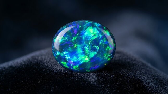 Oval black opal gemstone with vibrant blue and green iridescence
