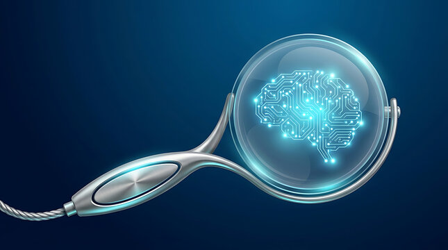 Artificial Intelligence Magnifying Glass Showing Digital Brain
