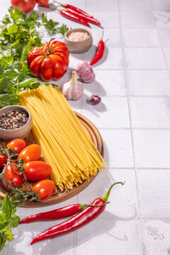 Italian spaghetti ingredients preparing traditional pasta dish
