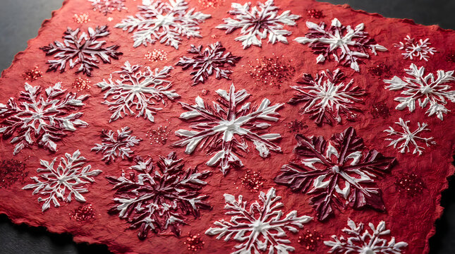 Shiny silver snowflake decorations on a textured red background for christmas and winter holidays