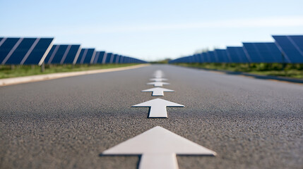 Fototapeta premium A forward arrow on an asphalt road leading towards a renewable energy solar farm plant installation under a clear blue sky during the day