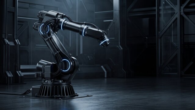 Dark Robotic Automation Arm with Blue Industrial Lighting 