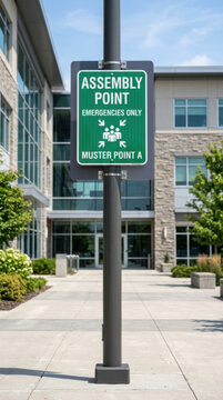 Assembly Point Sign Outside Modern Building For Emergencies Muster Point A