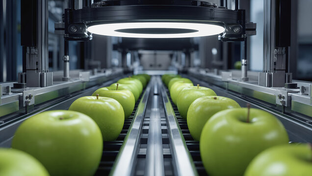 Green apple conveyor belt food processing industrial inspection under circular light