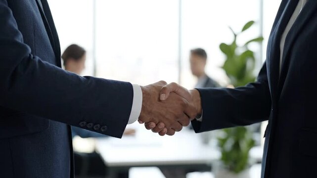 Professional business handshake between two people in formal suits, with a blurred office environment in the background, signifying a new partnership