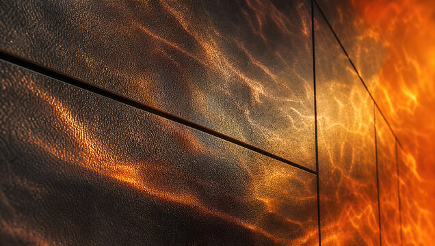 Abstract copper wall with glowing orange reflection and geometric panel lines creating dramatic textured background