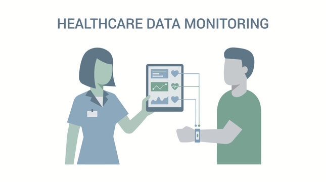 Digital Health Monitoring Illustration Featuring a Medical Professional Reviewing Patient Vital Signs via Connected Wearable Technology