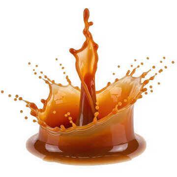 Caramel sauce splash isolated on white background, liquid brown syrup crown explosion.