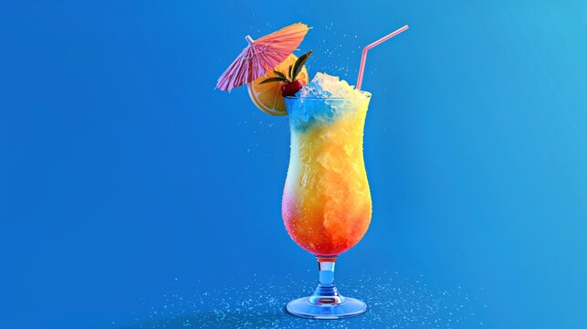 Colorful tropical cocktail with layered fruit flavors, paper umbrella and splash effects isolated against a bright blue background for beverage advertising.

