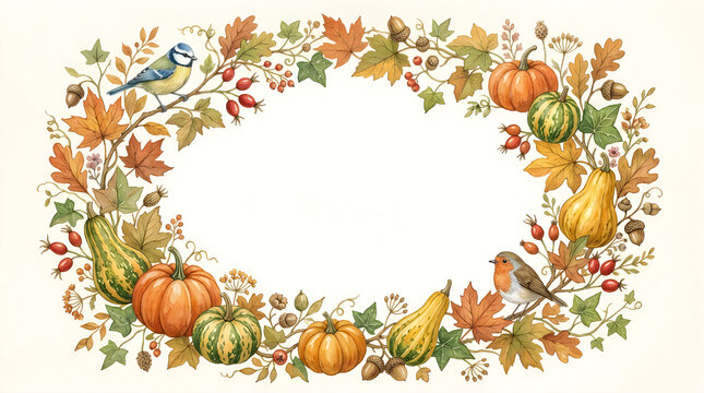 Beautiful watercolor autumn frame featuring ripe harvest fruits colorful berries and vibrant fall leaves for seasonal designs