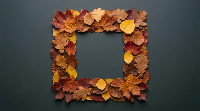 A square frame beautifully made of vibrant colorful autumn leaves set against a dark gray backdrop