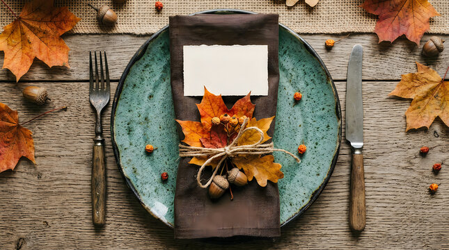 Beautiful autumn table setting with colorful fall leaves and a blank invitation card awaiting a guest