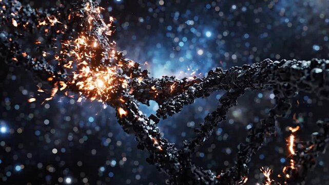 Abstract 3d rendering of a dark, textured dna double helix structure with glowing orange energy sparks against a starry cosmic background