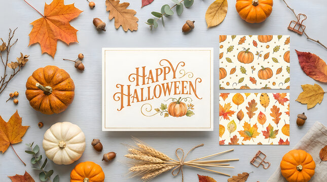 Beautiful autumn flat lay with pumpkins cotton fall leaves and a festive happy halloween greeting card