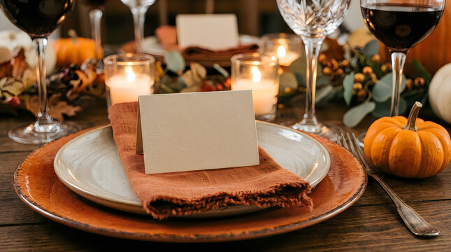 Beautiful elegant autumn thanksgiving table setting complete with place cards and soft warm festive lighting