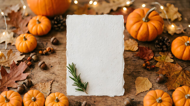 Beautiful autumn still life scene featuring pumpkins and a blank greeting card for fall messages