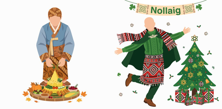 Traditional Irish Nollaig Celebration with Festive Characters and Food