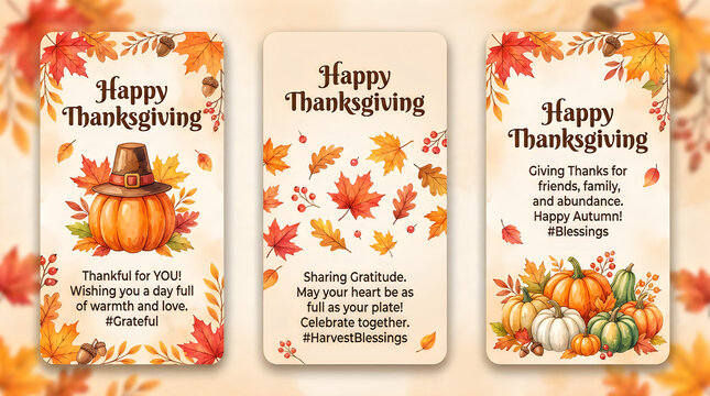 Three beautiful thanksgiving story templates featuring colorful autumn leaves pumpkins and a lovely watercolor painted background
