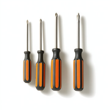 A set of four screwdrivers with black and orange handles, showcasing varying sizes and designs.