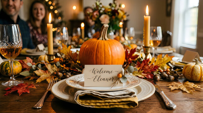Warm and inviting autumn table setting with pumpkins candles and a handwritten place card