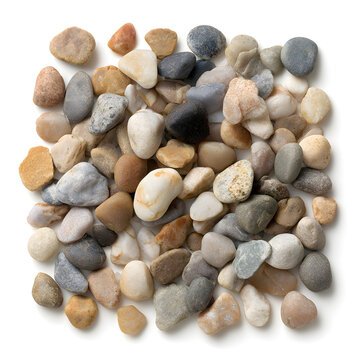 A diverse collection of small, smooth river stones in varying shades and colors.