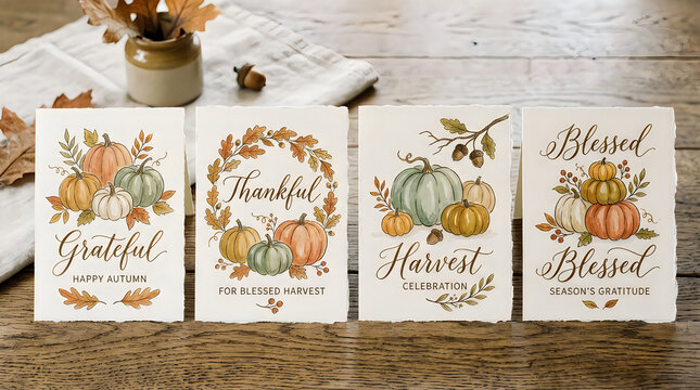 Beautiful set of four watercolor autumn greeting cards featuring delicate floral designs and elegant handwritten calligraphy details