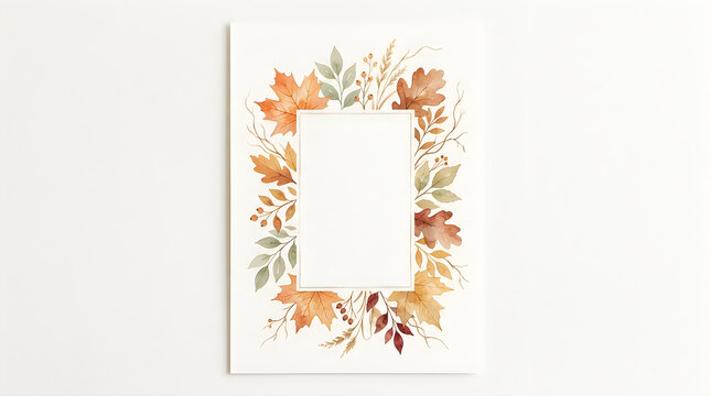 A beautiful watercolor floral frame with autumn leaves and delicate wildflowers set against a clean white background