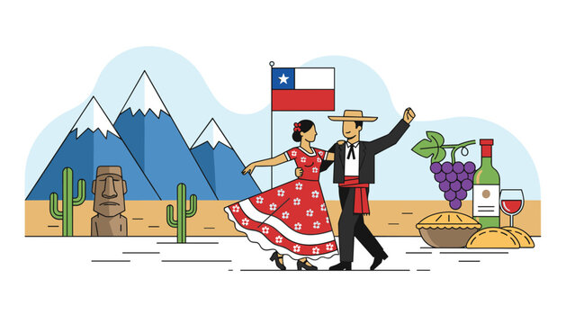Chilean cueca dancers performing traditional dance against Andes mountains, Easter Island, and national flag.