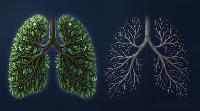 World copd day lung trees comparing healthy and diseased breathing