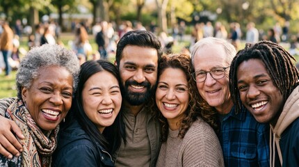 Fototapeta premium A diverse group of friends, representing various ages and ethnicities, share a moment of pure joy and laughter outdoors, their faces radiating happiness and connection.
