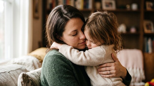 A tender moment captured between a mother and her child, symbolizing unconditional love and the comforting embrace of family, highlighting the warmth and security of domestic life.