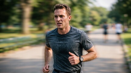 Fototapeta premium A determined man in his prime, mid-stride, focuses intensely on his run through a sun-dappled park, sweat glistening on his brow, embodying the spirit of athletic pursuit and personal fitness.