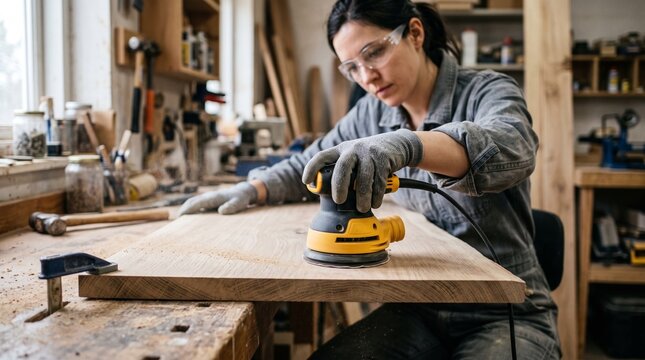 A focused craftswoman meticulously sands a wooden board with an orbital sander, wearing safety glasses and work gloves in a well-equipped workshop, highlighting dedication and skill in woodworking.