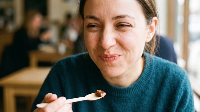 A woman joyfully savors a delicious treat on a wooden spoon, her eyes closed in pure delight, embodying the pleasure of good food and a moment of indulgence.