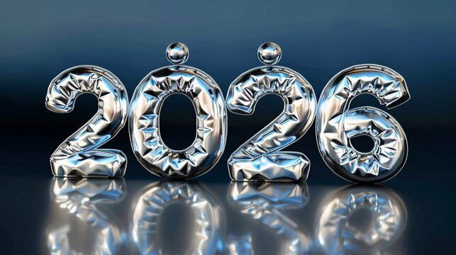 Metallic numbers spelling out the year 2026, with a reflective surface