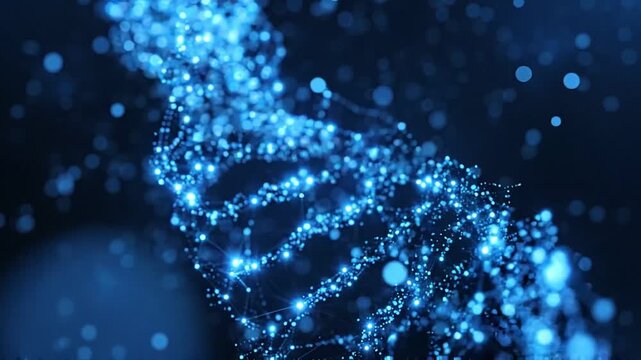 Abstract digital representation of a dna double helix structure glowing with particles in a dark blue space