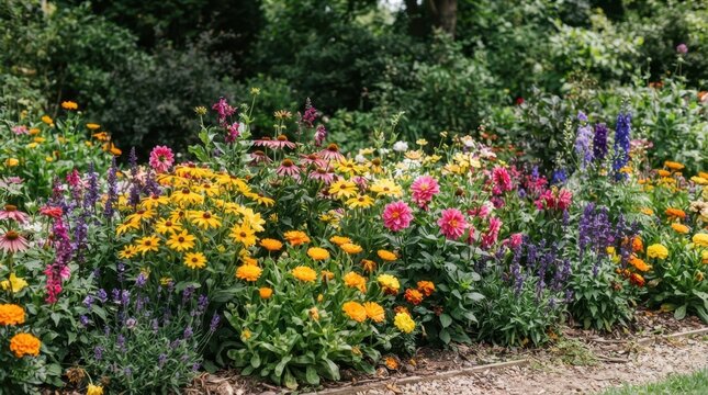 A riot of color in a well-tended garden, showcasing a vibrant mix of blooming flowers, lush greenery, and surrounding bushes.