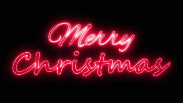 Bright red neon sign animated text saying merry christmas in a glowing cursive font style for holiday celebration graphics light effect .